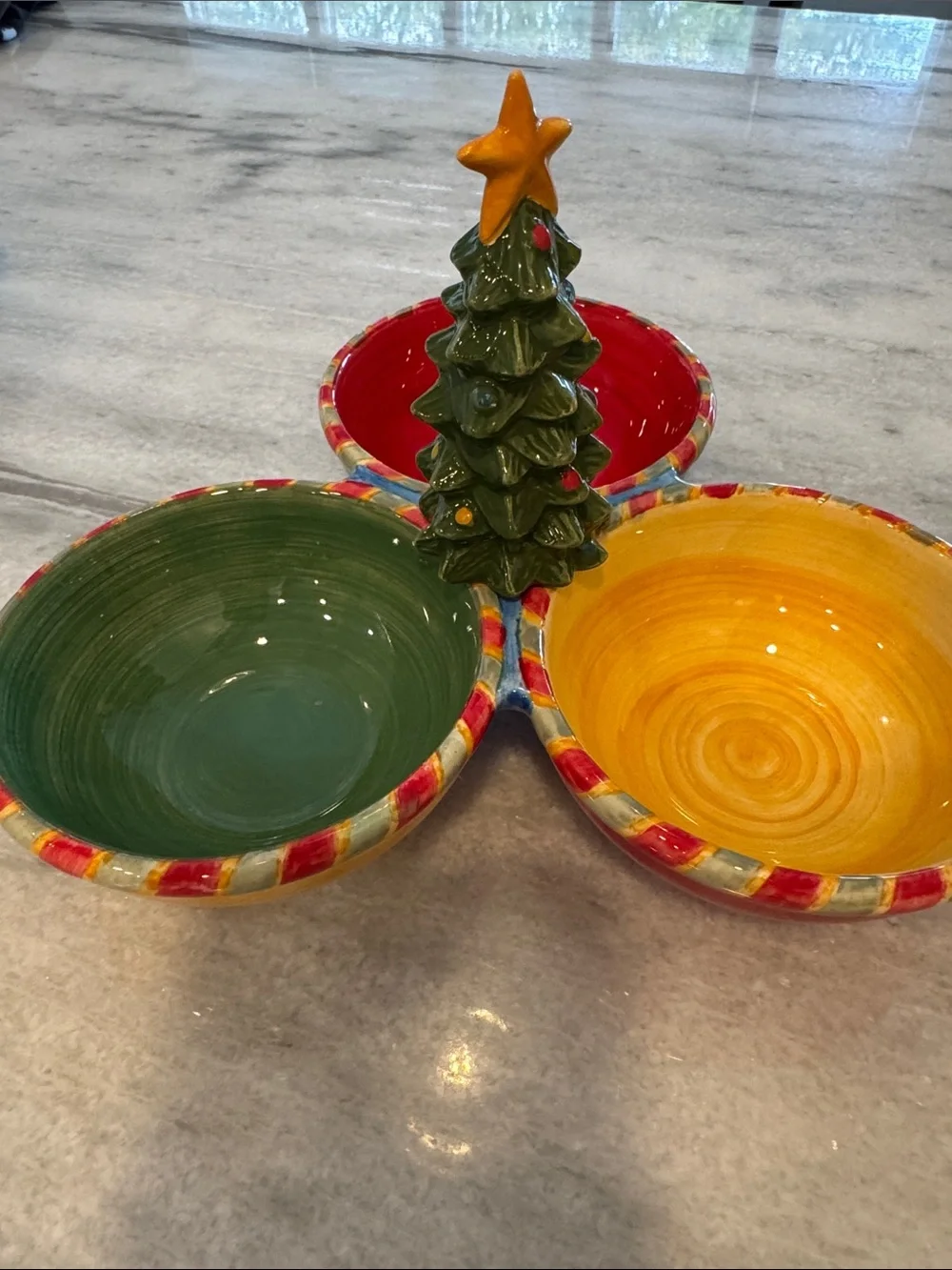 Sango Ceramic Holiday Trio Snack Bowl Set with Tree - Red, Green, Yellow